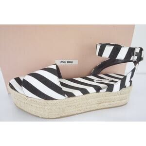 Miu Miu Stripe Canvas Platform Espadrille Sandal New Black White